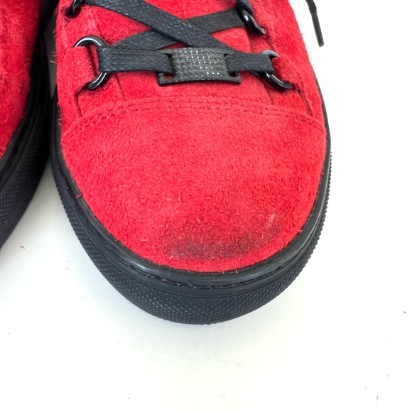 BALENCIAGA Arena Pavot Red Suede Black Trim High Top Lace Up Sneakers Sz 39 - Picture 13 of 16